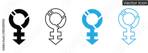 Set of vector icons featuring female gender symbols with arrows pointing down, available in different colors and line styles for various design needs