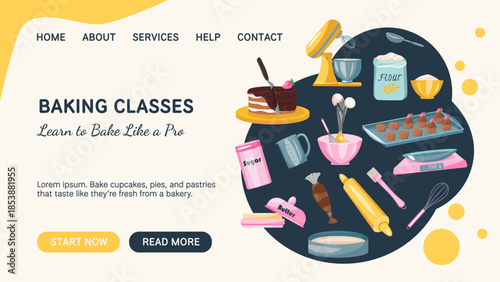 Vector baking classes banner with kitchen tools and ingredients. Landing page for bakery ads, dessert recipes, cooking classes, and food blogs.