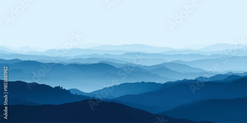 Smooth gradient from a deep navy blue to a light, airy sky blue,Serene blue mountain range landscape peaceful misty view sky art calm haze hills.