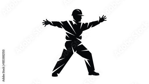 Black silhouette construction worker wearing a hard hat giving stop hand signals dynamically