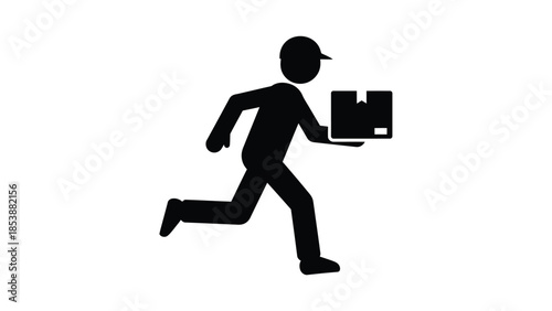 Icon of a courier running fast while actively holding a cardboard package for quick delivery service