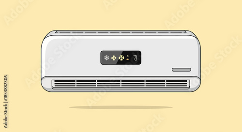 Modern air conditioner unit with snowflake and fan icons.