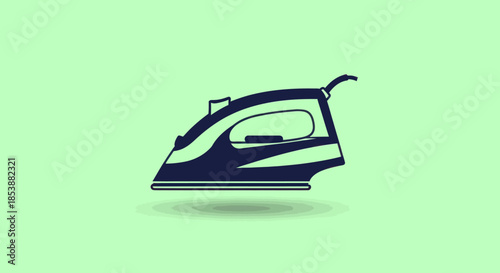 Silhouette of a dark blue iron on a light green background.