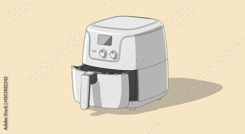 Modern air fryer kitchen appliance with open drawer against plain background