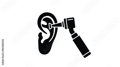 Ear examination with otoscope medical diagnostic tool in black silhouette
