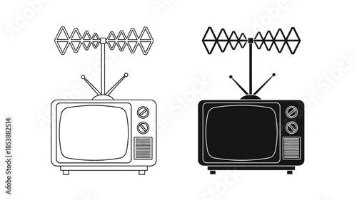 Vintage television sets with antennas in black and white a silhouette