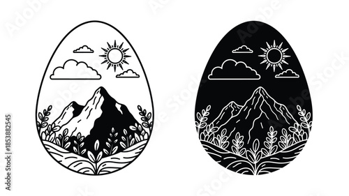 Mountain landscape with sun clouds and trees in oval frame silhouette