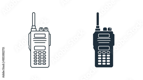 Two walkie talkie devices presented in both outline and solid silhouette