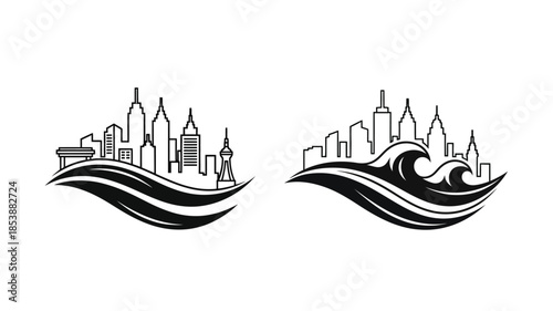 Cityscape with waves and buildings a striking black and white silhouette
