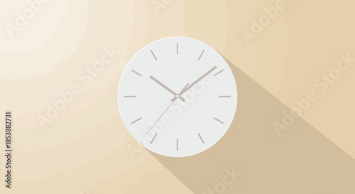 Minimalist white clock casting a long shadow on a light wood background.