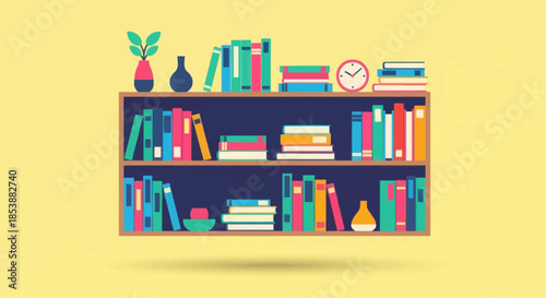 Illustration of a colorful bookshelf filled with books and decorations.