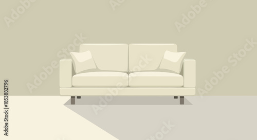A cream-colored sofa with pillows against a neutral wall.