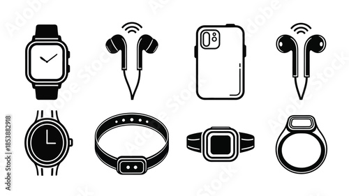 Modern wearable technology icons displayed in a striking black silhouette