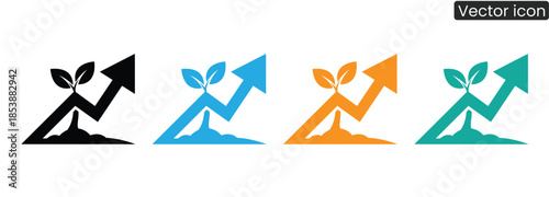 Vibrant vector icons depicting growing plants with upward arrows, symbolizing growth, success, and progress in business and ecology.