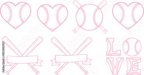 Pink baseball-themed graphics with heart shapes, crossed bats, banners, and LOVE typography featuring stitching accents on white background