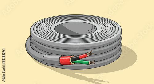 A roll of electrical wire with exposed red and green wires