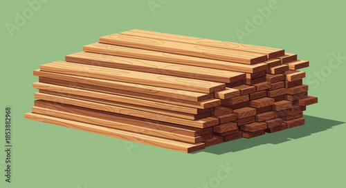 Pile of wooden planks in isometric view