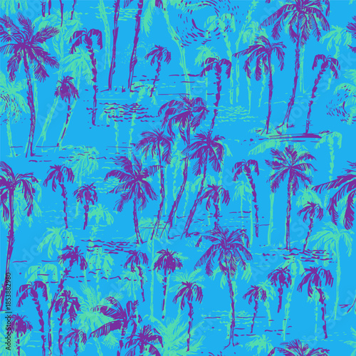 Hand drawn palm trees sketch seamless pattern in blue green and purple color. Summer holiday background. Exotic plants, island vacation, tropical flora, travel design.