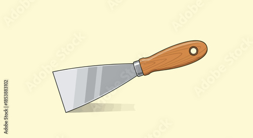 Close-up of a putty knife with a wooden handle on a light background.