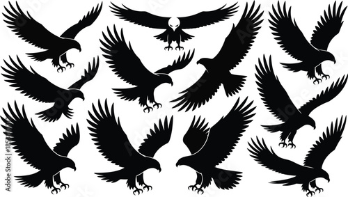 A collection of powerful black eagle silhouettes soaring and landing in various dynamic poses