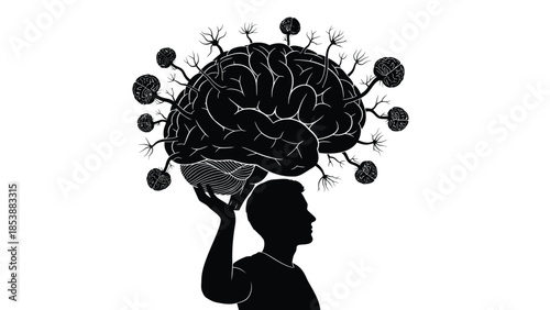 Silhouette of a person balancing a complex interconnected network of brains above their head