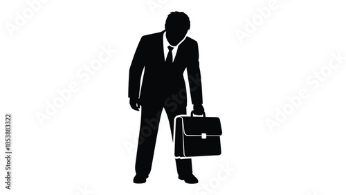 Silhouette of a dejected businessman standing alone while holding a briefcase in resignation