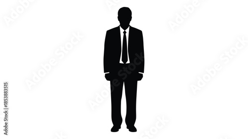 Black silhouette of a formal businessman wearing a suit and tie standing still against white background