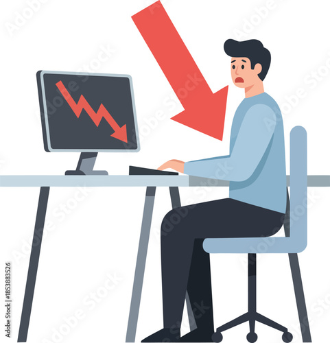 A worried man sits at a desk, looking at a computer screen displaying a downward trend, with a large red arrow emphasizing the negative impact.