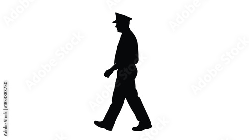Silhouette of a uniformed police officer walking purposefully against a stark white background isolation