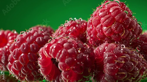 Vibrant Raspberry: A close-up view of succulent raspberries glistens with droplets, captured against a vivid backdrop. Each berry bursts with color and texture, offering a sensory feast for the eyes.
