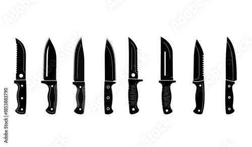 a collection of fdifferent black silhouette style knives all standing vertically aligned high quality professional