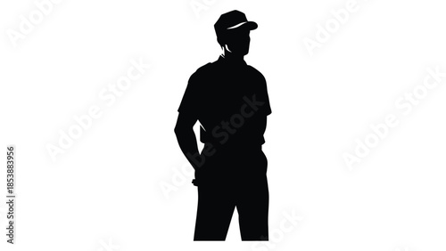 Silhouette graphic of a man wearing a baseball cap and casual shirt standing with hands behind back