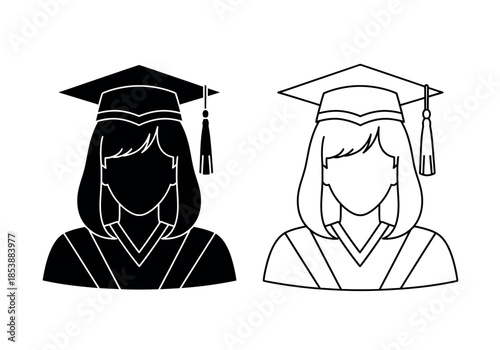 A simple black and white illustration depicting two graduating female students wearing cap and gown