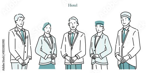 ホテルマンーホテルのユニフォームー男性と女性ー全身ー立ちポーズイラスト人物ベクター白バック素材