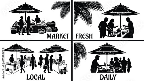 Farmers market illustration, fresh produce stalls, local food vendors, daily market scene, outdoor shopping silhouettes, community marketplace design, street vendors artwork