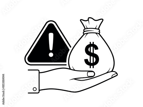 a warning sign and a money bag are held in an open hand illustration high quality