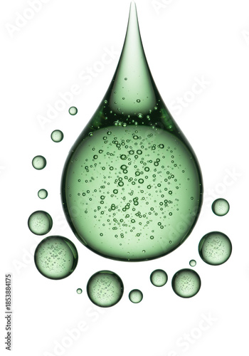 Large, perfectly spherical emerald-green liquid drop with air bubbles, surrounded by smaller floating drops, on transparent background with copy space, concept for luxurious cosmetic serum