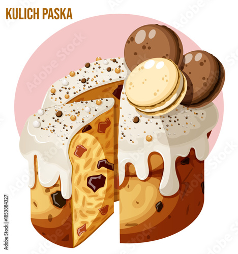 Traditional Kulich Paska Easter Bread with White Glaze, Macaroons and Sprinkles, Sliced Festive Fruit Cake Vector Illustration Isolated