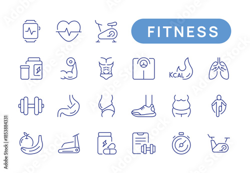 Collection of fitness icon. Containing healthy lifestyle, weight training, body care and workout icons.