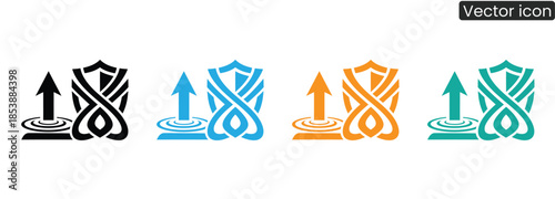 Vibrant shield icons with arrows in black, blue, orange, and green, conveying business growth and security concepts