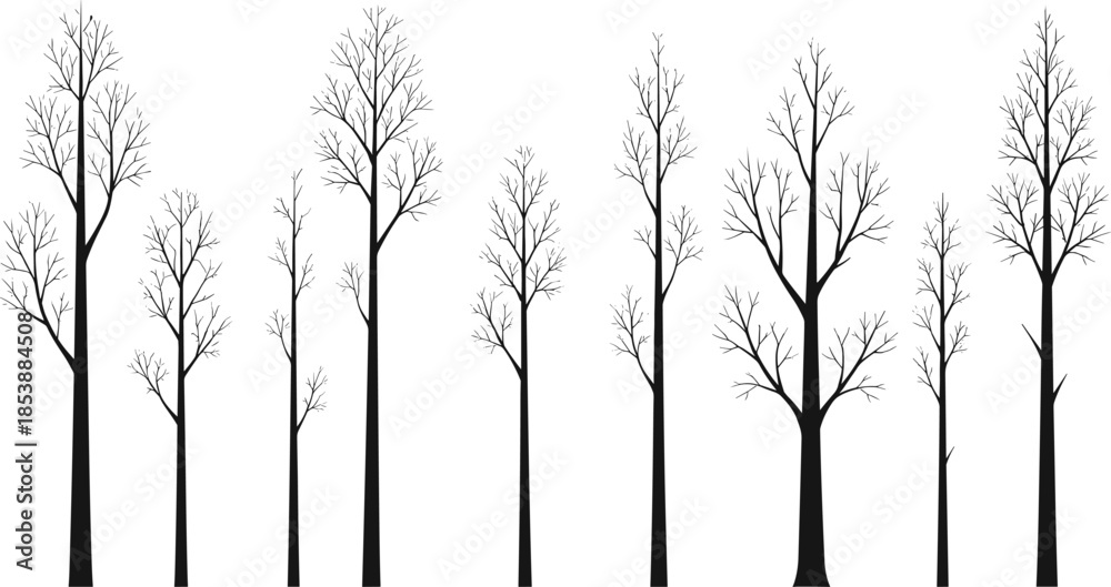 Obraz premium Black silhouette vector set of stylized leafless trees with varied trunk and branch shapes for nature-themed design use.
