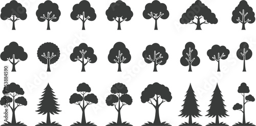 Black tree silhouette vector set with diverse canopy and trunk styles for nature, landscape, and educational design applications.