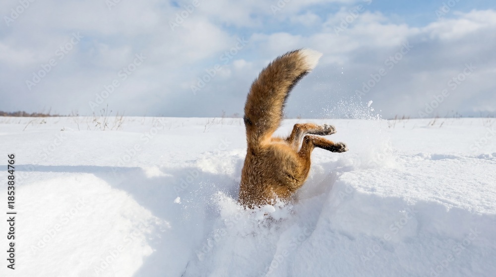 Fototapeta premium Wild Red Fox Diving Headfirst into Deep White Snow While Hunting in a Winter Field