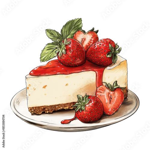 Cheesecake slice topped with whole strawberries and syrup, hand-drawn sketch style on white background, concept of dessert and sweetness