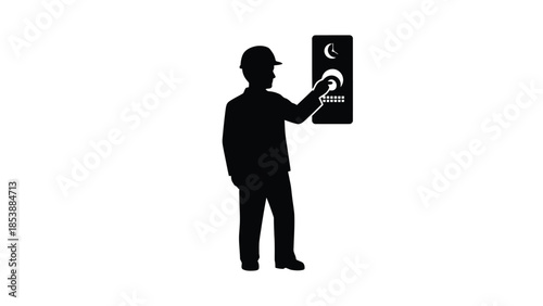 Man interacting with digital control panel and system interface silhouette