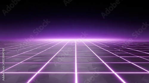 Futuristic landscape with purple glow and grid design creating a surreal atmosphere of technology and digital world at dusk or dawn