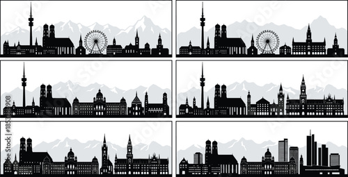 Munich Germany city skyline silhouette set with famous landmarks, European urban architecture travel icons, black vector panorama on white background,