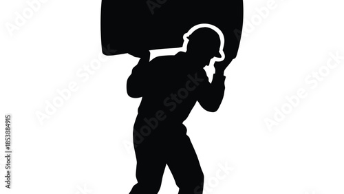 Worker carrying extremely heavy load on shoulder showing physical strain silhouette