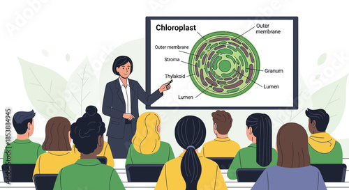 Teacher explaining the structure of a chloroplast to a group of students in a classroom setting