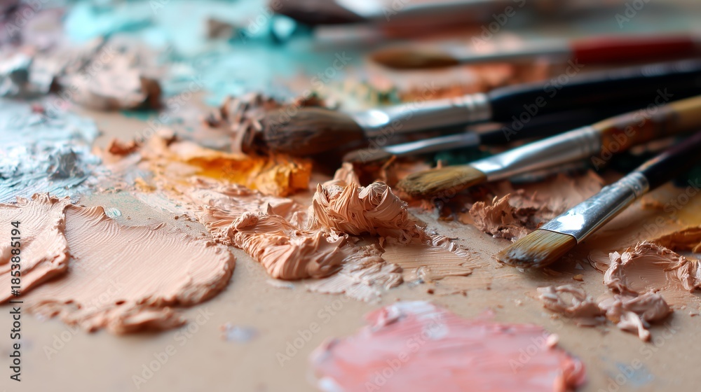 Naklejka premium Artist uses brushes and colors on a workspace filled with paint and tools in a studio